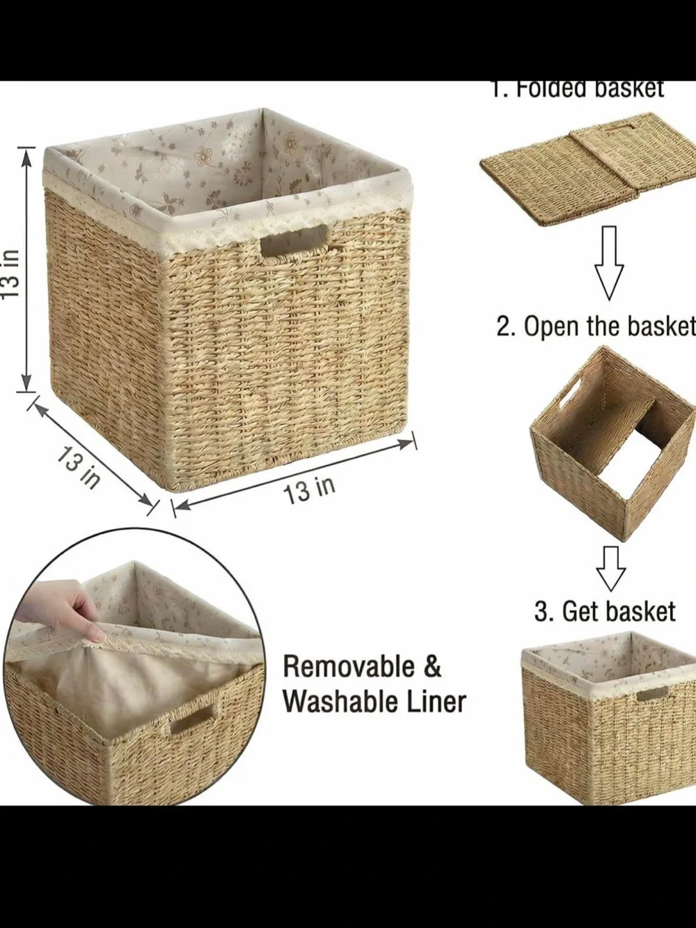 Set of 4 Seagrass Storage Baskets with Removable Fabric Liners - NEW